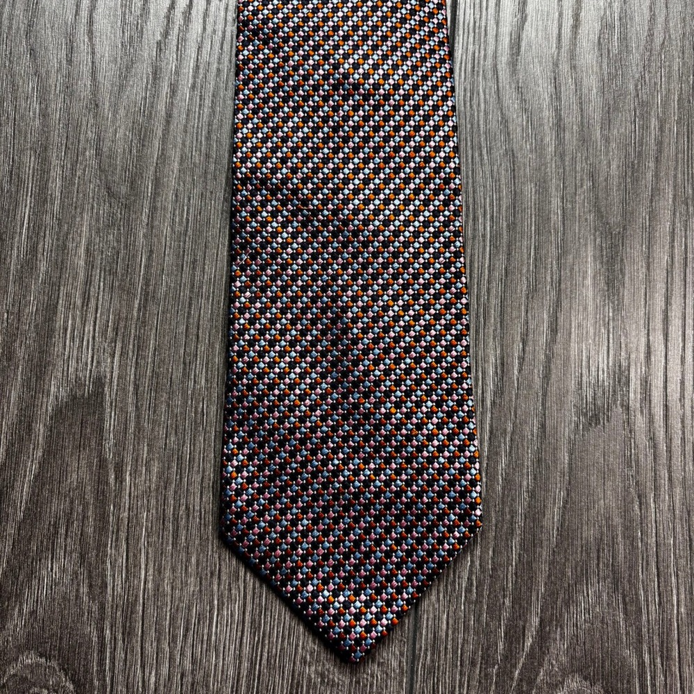 Hugo Boss Mens Silk Tie Orange Blue Pink Geometric Micro Check Made in Italy
